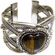 Bracelet Cuff ajustable en metal argente cisele orne de pierre marron sous forme de coeur