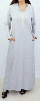 Jellaba marocaine pour femme (Robe maxi-longue) avec dentelle et capuche - Couleur gris clair