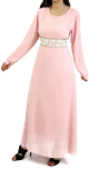 Robe longue fluide avec broderies blanches et dorees pour femme - Couleur rose claire ou Saumon