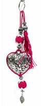 Porte-cles artisanal coeur en metal argente cisele et pompon en sabra - Fushia