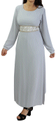 Robe longue fluide avec broderies blanches et dorees pour femme - Couleur gris clair
