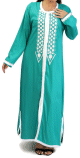 Robe Marocaine / Gandoura a manche longue avec broderies blanches - Couleur Vert emeraude