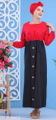 Robe longue bicolore a boutons pour femme - Couleur rouge coquelicot