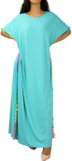 Robe orientale a pompons multicolore sur les cotes pour femme - Couleur bleu cyan