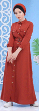 Robe longue boutonnee avec ceinture et poches - Couleur framboise (Boutique en ligne de vetement turque pour femme moderne)
