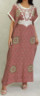 Robe orientale longue fleurie imprimee arabesque et brodee pour femme - Couleur Rouge