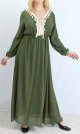 Robe longue fluide avec decorations dorees et pompons pour femme - Couleur kaki