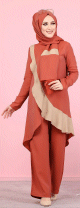 Ensemble ample 3 pieces : tunique - pantalon et chale assorti pour femme (Tenue chale mastour) - Couleur Brique