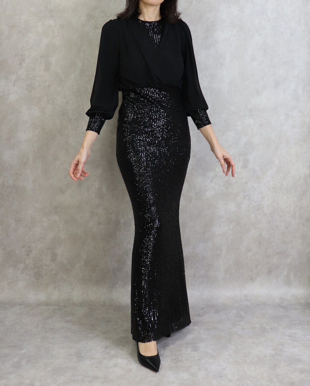 Robe de soirée longue à strass de couleur noire brillante pour femme  (Classe chic et pas cher)