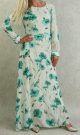 Robe longue fluide en mousseline blanche motifs fleuris bleu-vert avec ceinture assortie pour femme