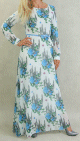 Robe longue fluide en mousseline blanche fleurie en bleu avec doublure pour femme