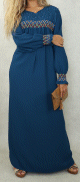 Robe longue avec broderies colorees et perles pour femme - Couleur bleu Prusse