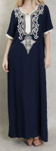 Robe longue orientale avec borderies en coton pour femme - Couleur bleu marine