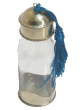 Flacon artisanal en verre orne de metal argente et de pompon en Sabra bleu