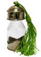 Flacon artisanal en verre orne de metal argente et de pompon en Sabra vert